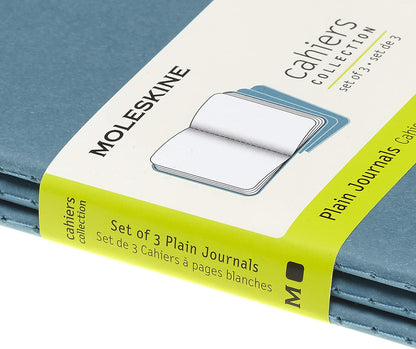 Moleskine Cahier Journal, Set 3 Notebooks with Plain Pages, Cardboard Cover with Visible Cotton Stiching, Colour Brisk Blue, Pocket 9 x 14 cm, 64 Pages