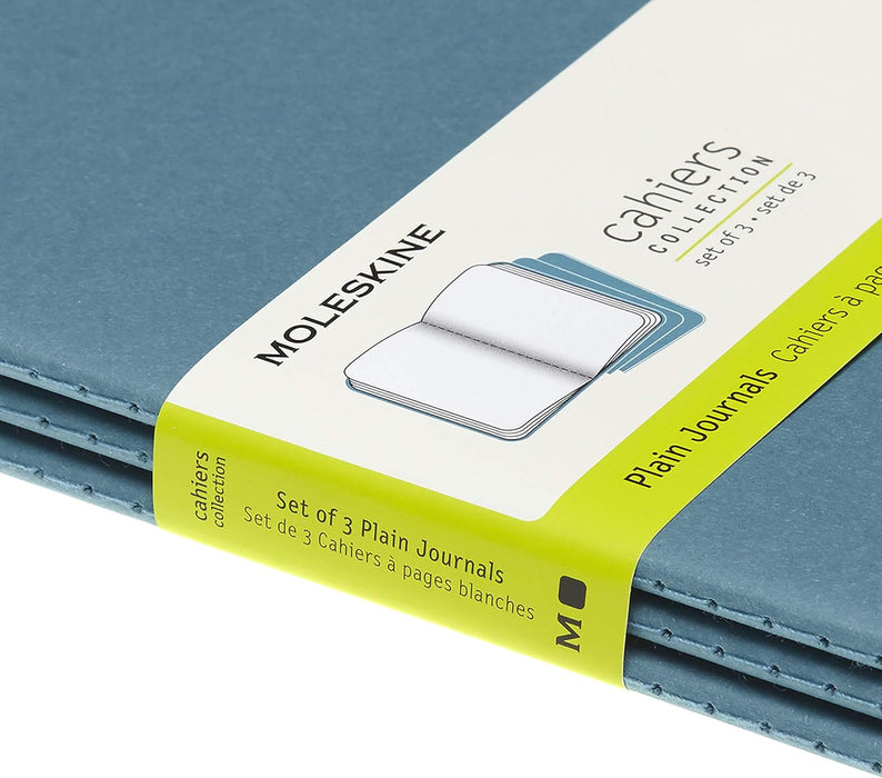 Moleskine Cahier Journal, Set 3 Notebooks with Plain Pages, Cardboard Cover with Visible Cotton Stiching, Colour Brisk Blue, Large 13 x 21 cm, 80 Pages