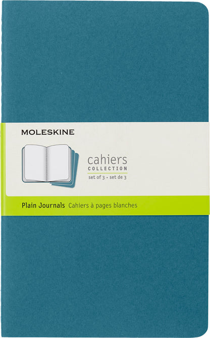 Moleskine Cahier Journal, Set 3 Notebooks with Plain Pages, Cardboard Cover with Visible Cotton Stiching, Colour Brisk Blue, Large 13 x 21 cm, 80 Pages