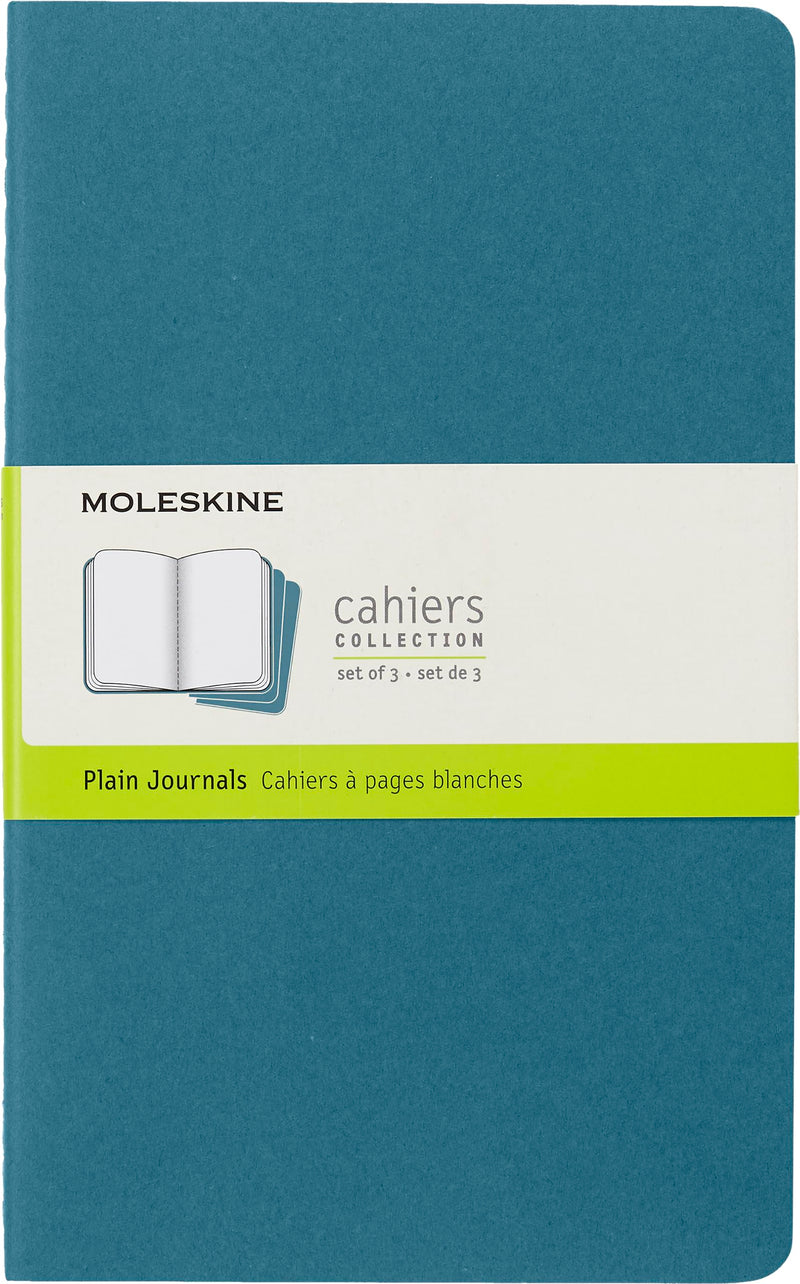 Moleskine Cahier Journal, Set 3 Notebooks with Plain Pages, Cardboard Cover with Visible Cotton Stiching, Colour Brisk Blue, Large 13 x 21 cm, 80 Pages