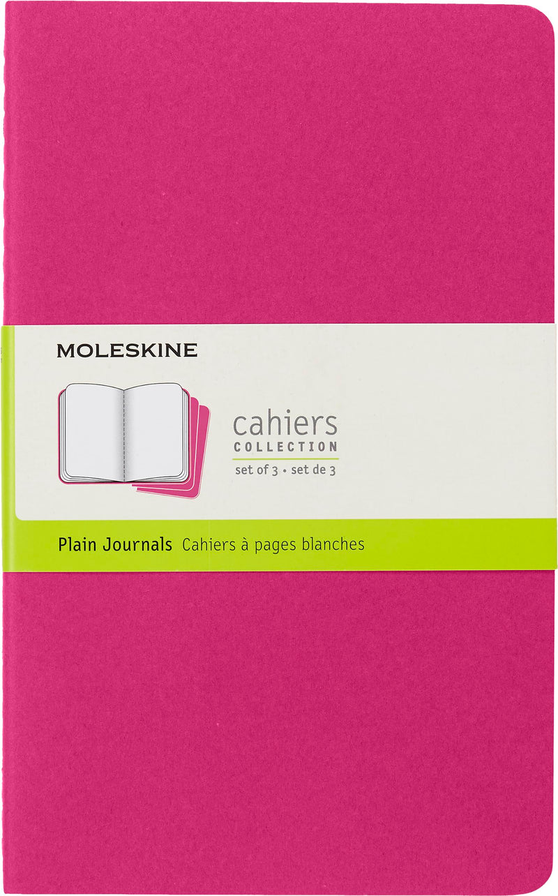 Moleskine Cahier Journal, Set 3 Notebooks with Plain Pages, Cardboard Cover with Visible Cotton Stiching, Colour Kinetic Pink, Large 13 x 21 cm, 80 Pages