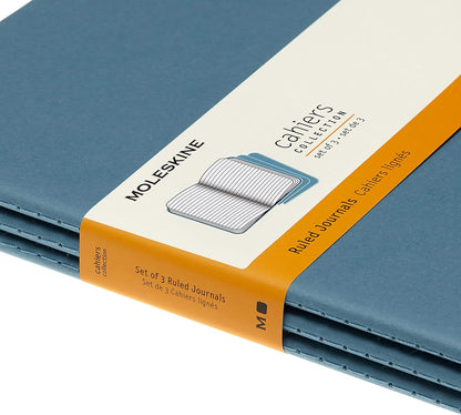 Moleskine Cahier Journal, Set 3 Notebooks with Ruled Pages, Cardboard Cover with Visible Cotton Stiching, Colour Brisk Blue, Extra Large 19 x 25 cm, 120 Pages