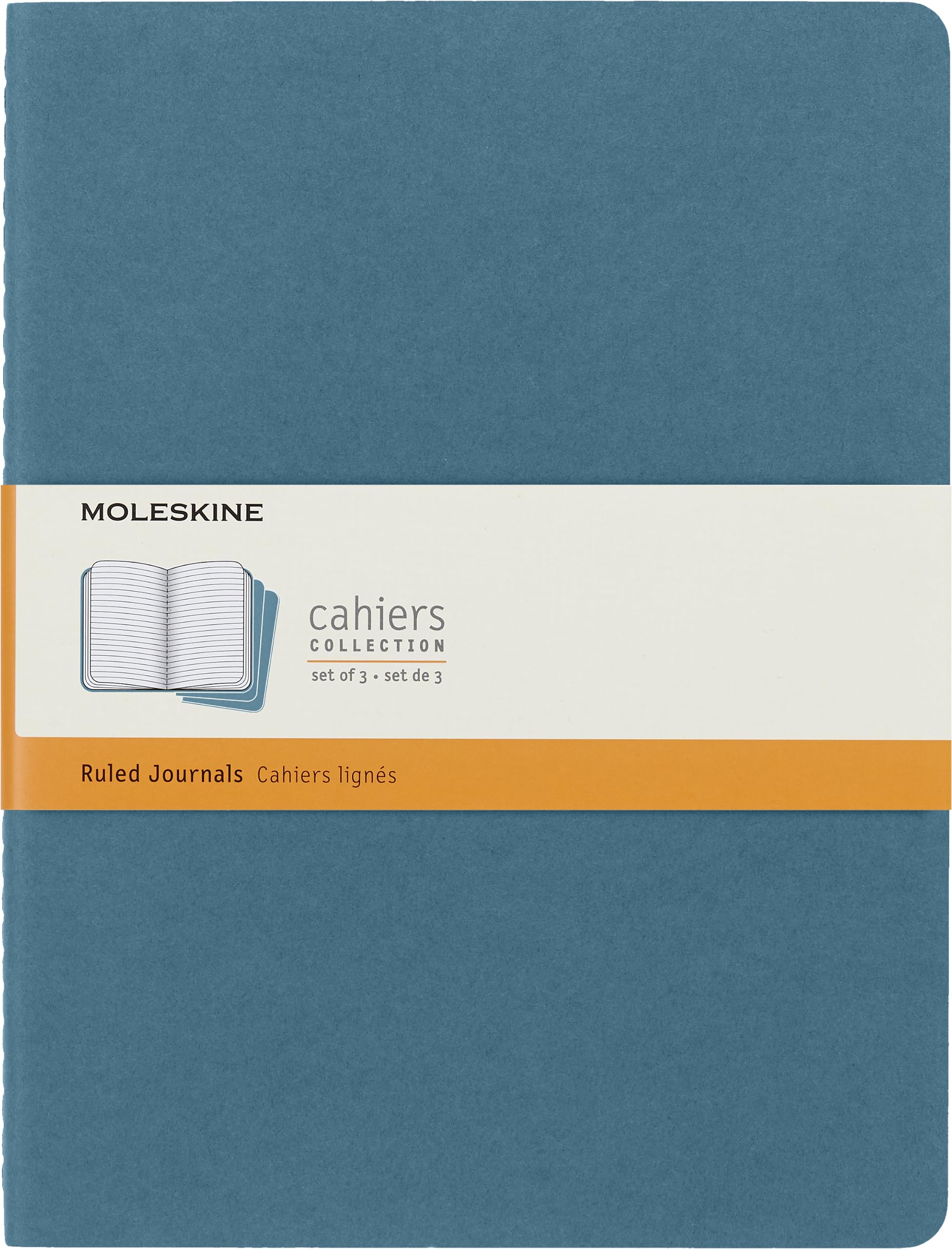 Moleskine Cahier Journal, Set 3 Notebooks with Ruled Pages, Cardboard Cover with Visible Cotton Stiching, Colour Brisk Blue, Extra Large 19 x 25 cm, 120 Pages