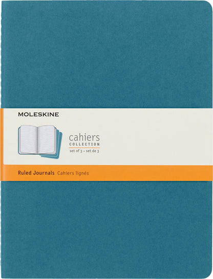 Moleskine Cahier Journal, Set 3 Notebooks with Ruled Pages, Cardboard Cover with Visible Cotton Stiching, Colour Brisk Blue, Extra Large 19 x 25 cm, 120 Pages