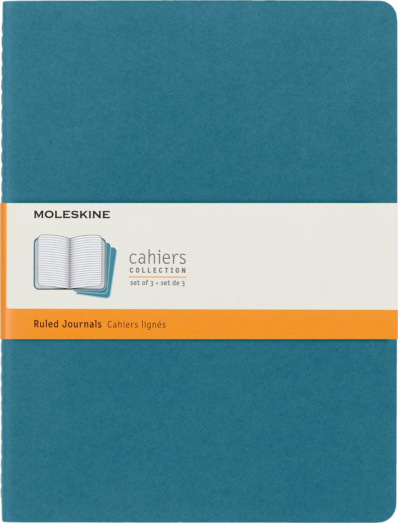 Moleskine Cahier Journal, Set 3 Notebooks with Ruled Pages, Cardboard Cover with Visible Cotton Stiching, Colour Brisk Blue, Extra Large 19 x 25 cm, 120 Pages