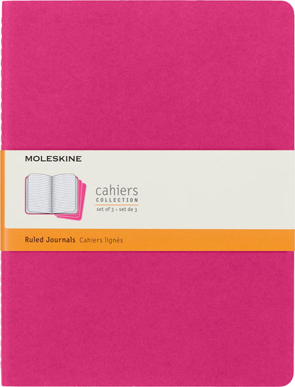 Moleskine Cahier Journal, Set 3 Notebooks with Ruled Pages, Cardboard Cover with Visible Cotton Stiching, Colour Kinetic Pink, Extra Large 19 x 25 cm, 120 Pages