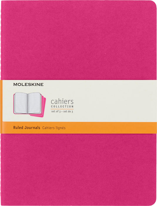 Moleskine Cahier Journal, Set 3 Notebooks with Ruled Pages, Cardboard Cover with Visible Cotton Stiching, Colour Kinetic Pink, Extra Large 19 x 25 cm, 120 Pages