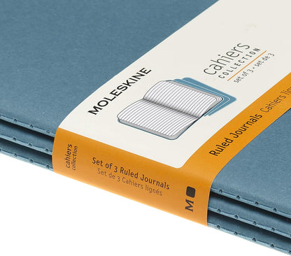 Moleskine Cahier Journal, Set 3 Notebooks with Ruled Pages, Cardboard Cover with Visible Cotton Stiching, Colour Brisk Blue, Large 13 x 21 cm, 80 Pages