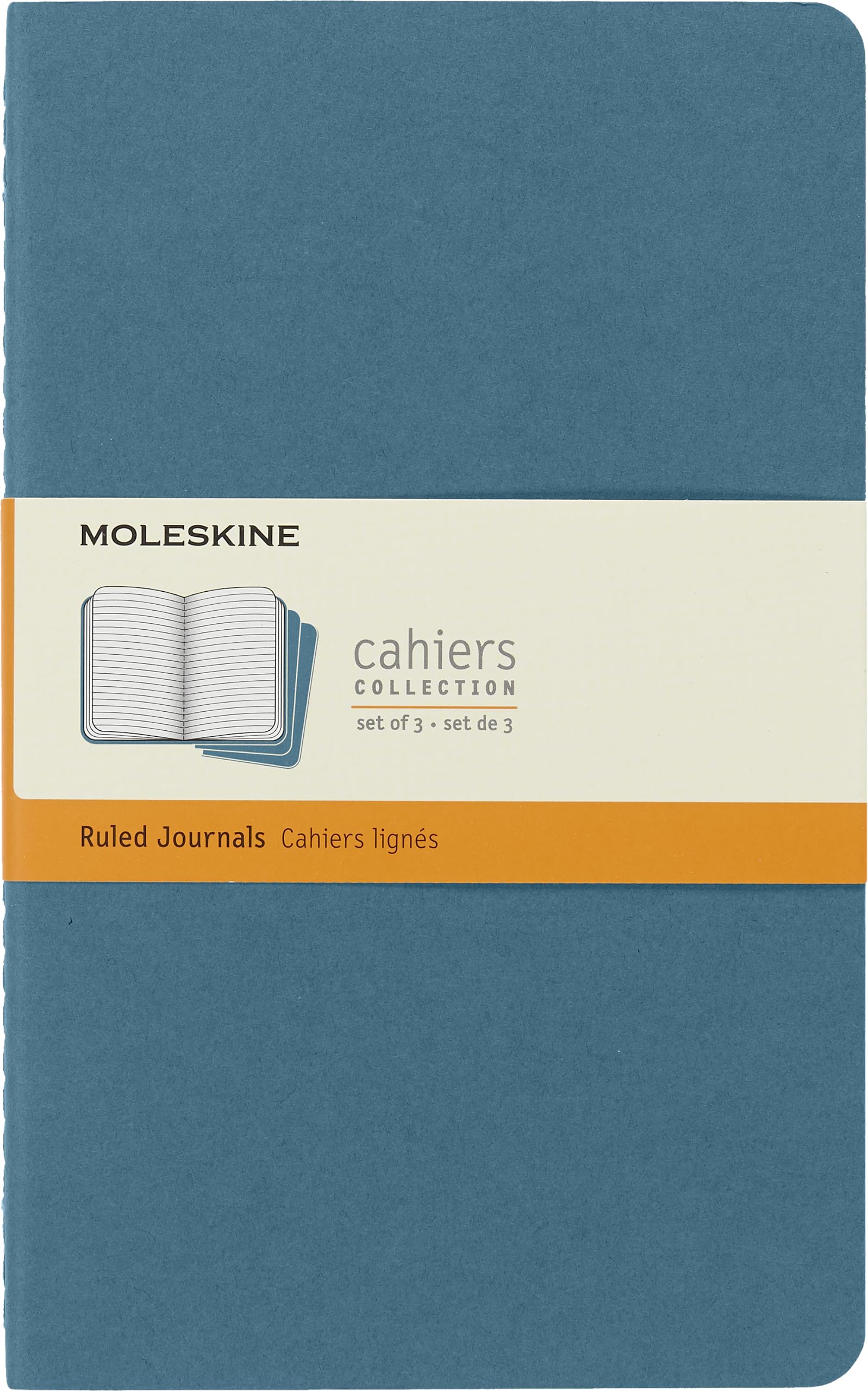 Moleskine Cahier Journal, Set 3 Notebooks with Ruled Pages, Cardboard Cover with Visible Cotton Stiching, Colour Brisk Blue, Large 13 x 21 cm, 80 Pages