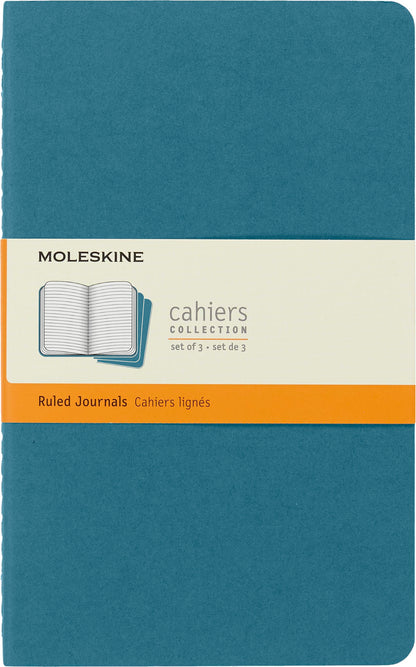 Moleskine Cahier Journal, Set 3 Notebooks with Ruled Pages, Cardboard Cover with Visible Cotton Stiching, Colour Brisk Blue, Large 13 x 21 cm, 80 Pages