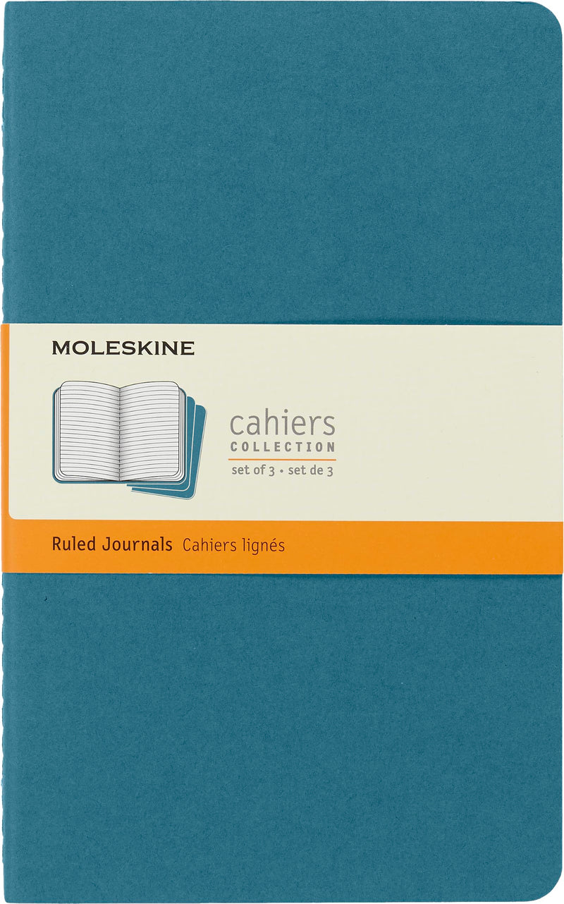 Moleskine Cahier Journal, Set 3 Notebooks with Ruled Pages, Cardboard Cover with Visible Cotton Stiching, Colour Brisk Blue, Large 13 x 21 cm, 80 Pages