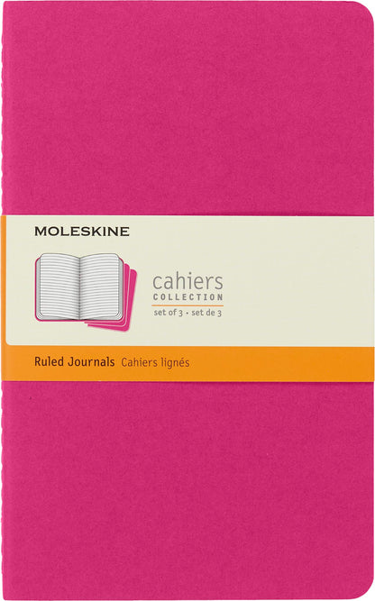 Moleskine Cahier Journal, Set 3 Notebooks with Ruled Pages, Cardboard Cover with Visible Cotton Stiching, Colour Kinetic Pink, Large 13 x 21 cm, 80 Pages
