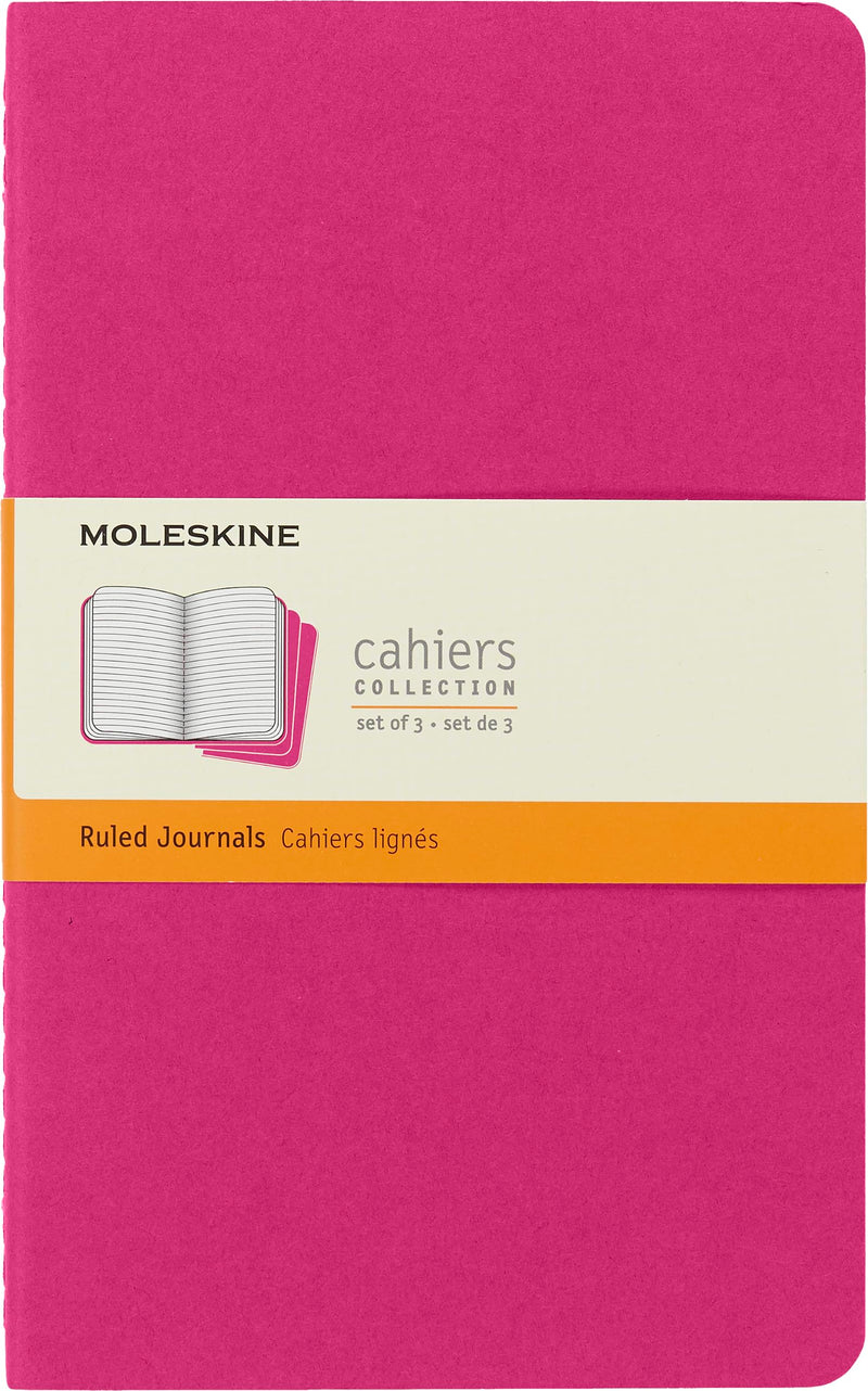 Moleskine Cahier Journal, Set 3 Notebooks with Ruled Pages, Cardboard Cover with Visible Cotton Stiching, Colour Kinetic Pink, Large 13 x 21 cm, 80 Pages
