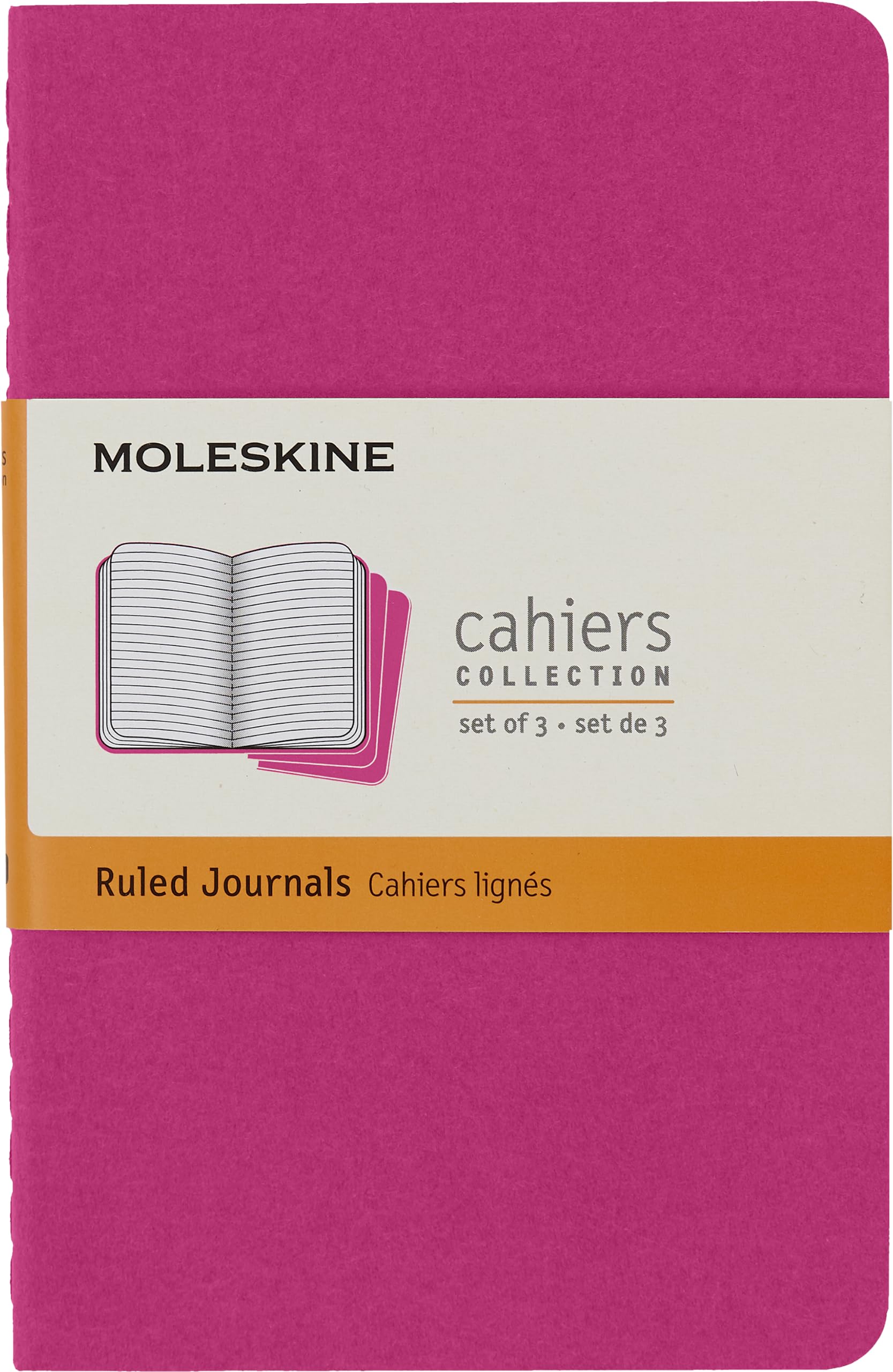 Moleskine Cahier Journal, Set 3 Notebooks with Ruled Pages, Cardboard Cover with Visible Cotton Stiching, Colour Kinetic Pink, Pocket 9 x 14 cm, 64 Pages