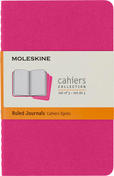 Moleskine Cahier Journal, Set 3 Notebooks with Ruled Pages, Cardboard Cover with Visible Cotton Stiching, Colour Kinetic Pink, Pocket 9 x 14 cm, 64 Pages