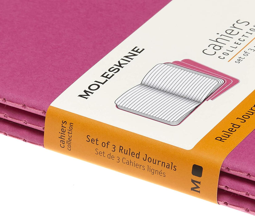 Moleskine Cahier Journal, Set 3 Notebooks with Ruled Pages, Cardboard Cover with Visible Cotton Stiching, Colour Kinetic Pink, Pocket 9 x 14 cm, 64 Pages