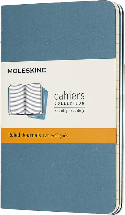 Moleskine Cahier Journal, Set 3 Notebooks with Ruled Pages, Cardboard Cover with Visible Cotton Stiching, Colour Brisk Blue, Pocket 9 x 14 cm, 64 Pages