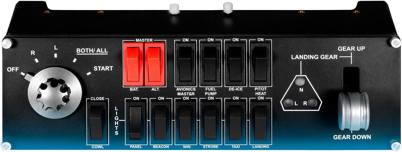 Logitech G Saitek Pro Flight Switch Panel, Simulations-Schalttafel für Flug Simulatoren, LCD-Display, Fünf-Stufen Magnetzünder-Drehschalter, Realistische Fahrwerksteuerung, USB-Anschluss, PC - Schwarz