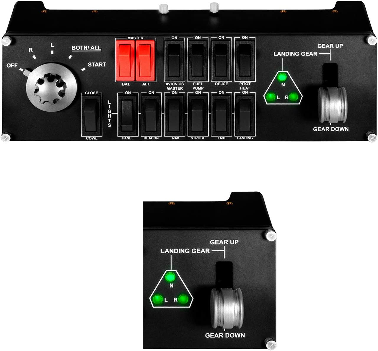Logitech G Saitek Pro Flight Switch Panel, Simulations-Schalttafel für Flug Simulatoren, LCD-Display, Fünf-Stufen Magnetzünder-Drehschalter, Realistische Fahrwerksteuerung, USB-Anschluss, PC - Schwarz