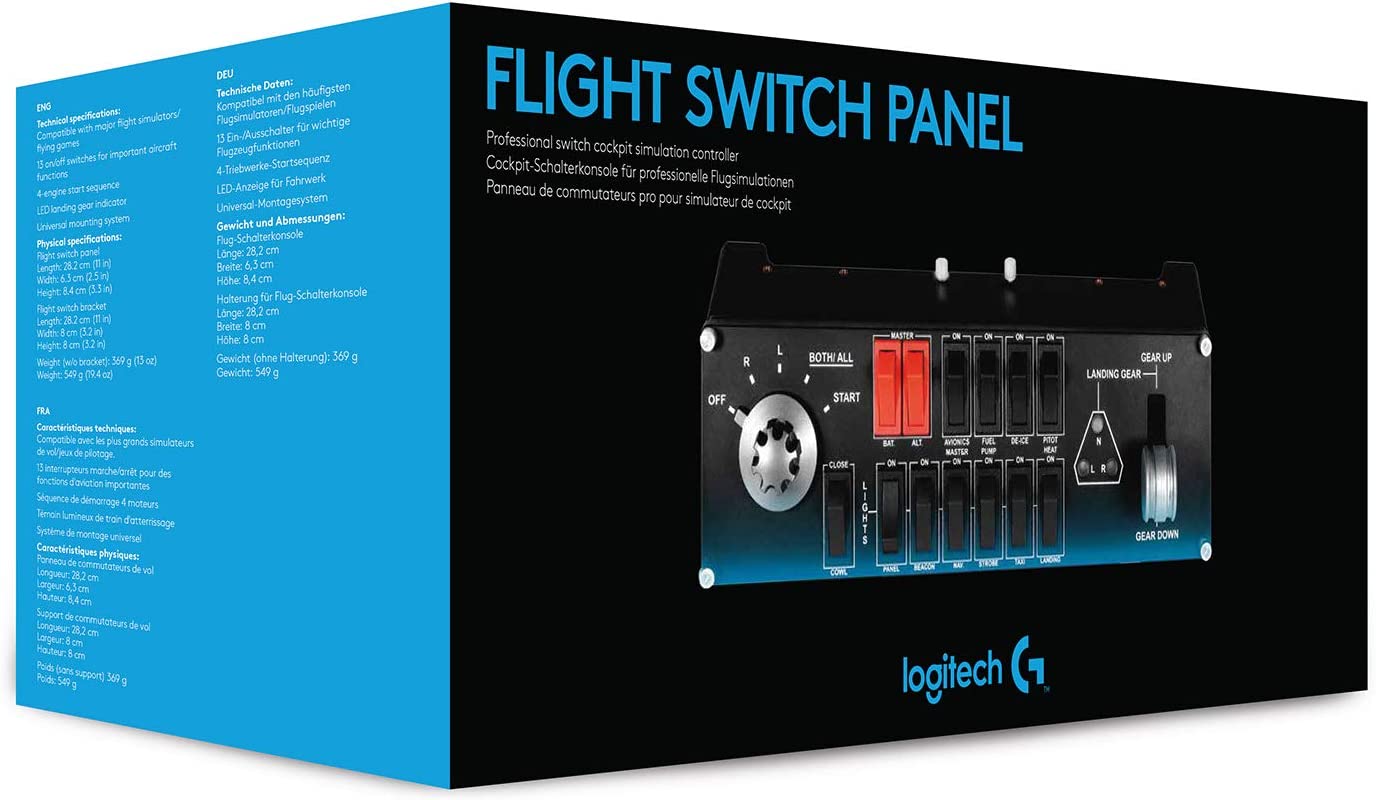 Logitech G Saitek Pro Flight Switch Panel, Simulations-Schalttafel für Flug Simulatoren, LCD-Display, Fünf-Stufen Magnetzünder-Drehschalter, Realistische Fahrwerksteuerung, USB-Anschluss, PC - Schwarz