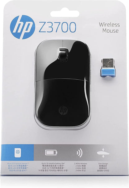 HP Z3700 Wireless Mouse, Black, Slim, Multi-OS & Device Compatibility, 2.4 GHZ Connectivity, Multi-Surface Technology, Blue LED 1200 dpi Optical Sensor, Up to 16 Months Battery Life