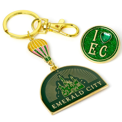 Wicked Emerald City Hot Air Balloon Keyring & I Love Emerald City Pin Badge Gift Set