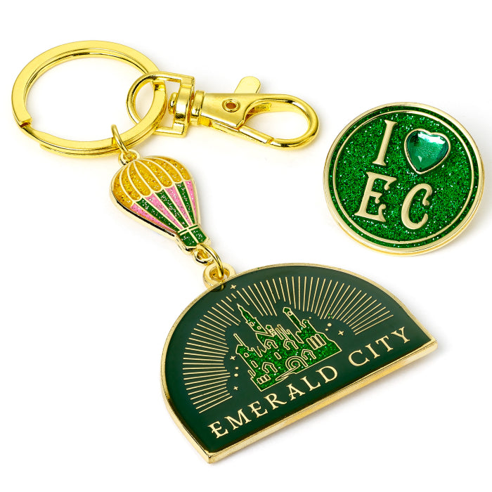 Wicked Emerald City Hot Air Balloon Keyring & I Love Emerald City Pin Badge Gift Set