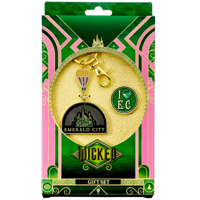 Wicked Emerald City Hot Air Balloon Keyring & I Love Emerald City Pin Badge Gift Set