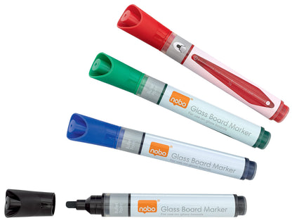 Nobo Liquid Ink Glass Whiteboard Pens, 3mm Bullet Tip, 4 Pack, Dry Erase Markers, Assorted Colours, 1905324