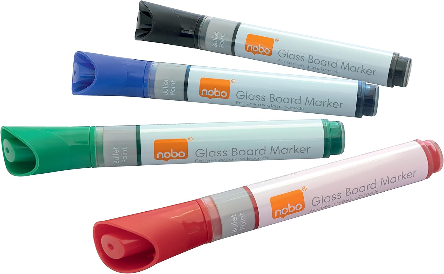 Nobo Liquid Ink Glass Whiteboard Pens, 3mm Bullet Tip, 4 Pack, Dry Erase Markers, Assorted Colours, 1905324
