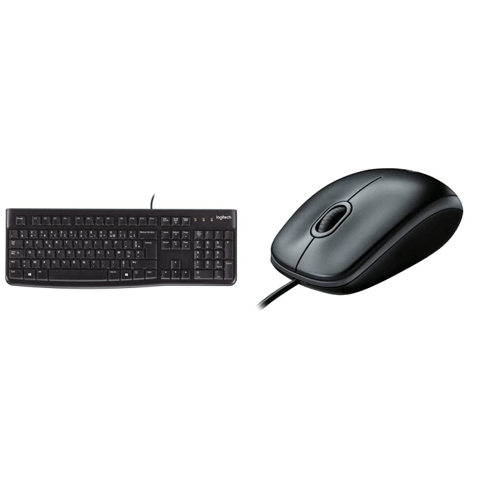 Logitech K120 Wired Business Keyboard, AZERTY French Layout - Black & B100 Wired USB Mouse, 3-Buttons, Optical Tracking, Ambidextrous PC/Mac/Laptop - Black