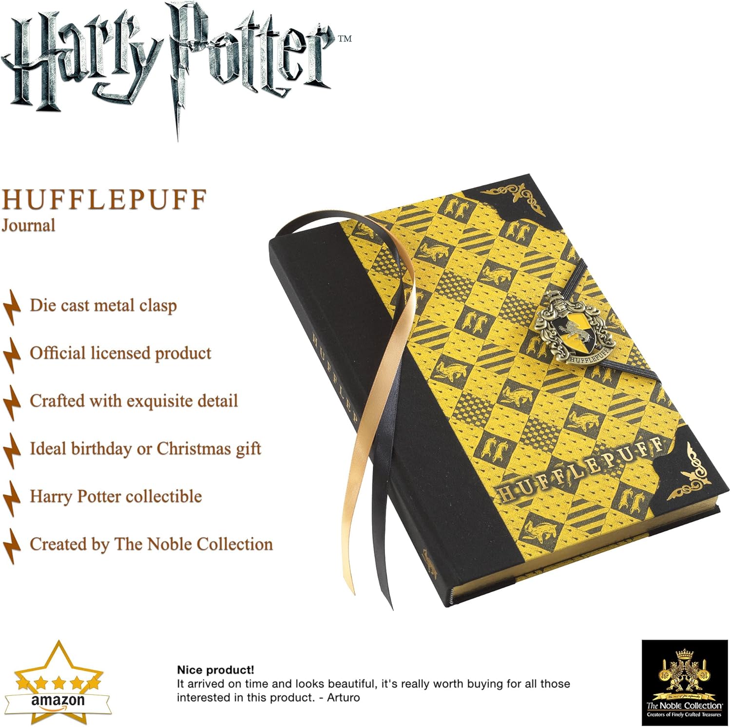 The Noble Collection Harry Potter Hufflepuff Journal - 9.75in (25cm) Hardbound Lined with Gilded Edges and Die Cast Enameled Crest - Officially Licensed Film Set Movie Props Gifts