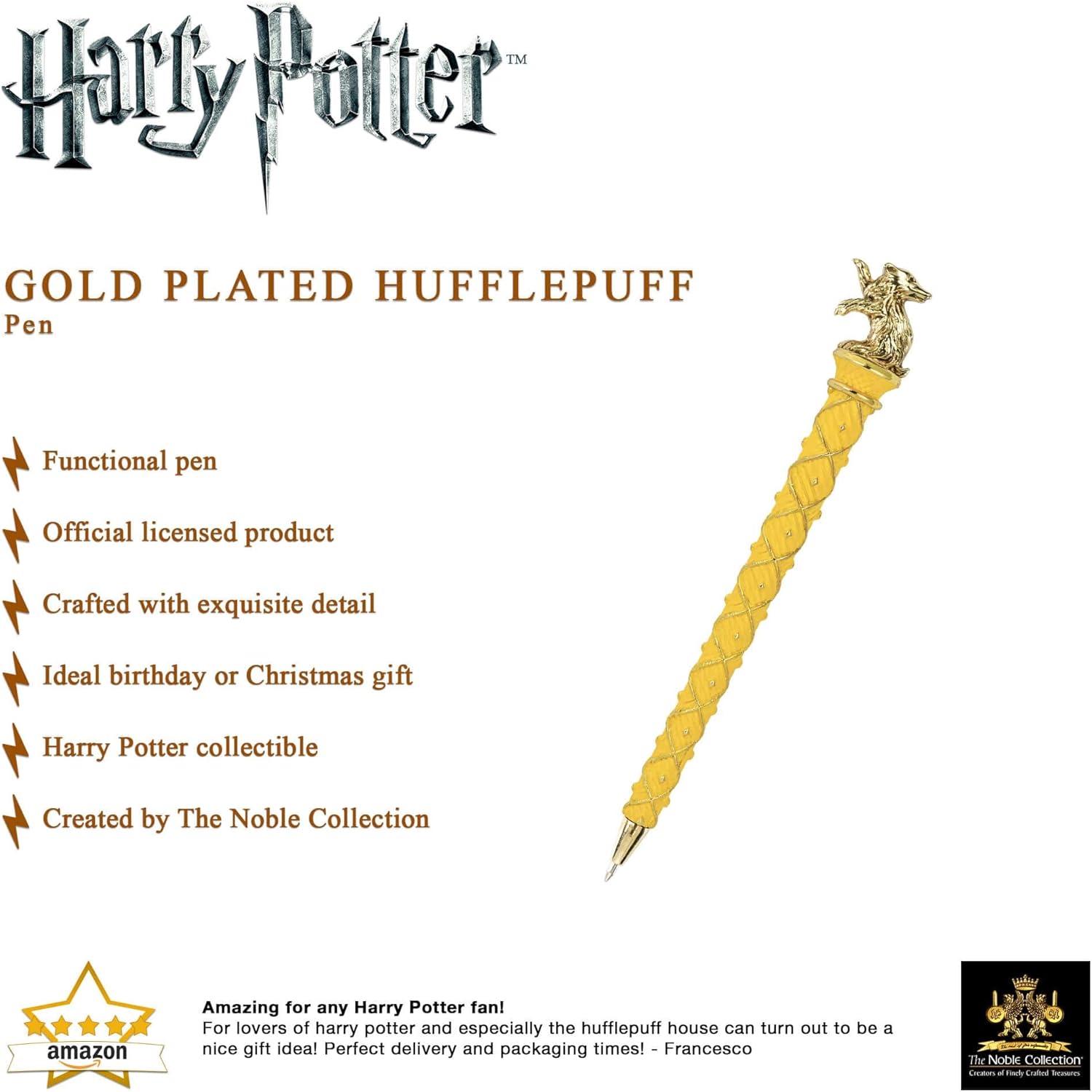 The Noble Collection Harry Potter Gold-Plated Hufflepuff Pen - 8in (21cm) Topped With Hufflepuff House Mascot Officially Licensed Harry Potter Movie Stationery Gifts
