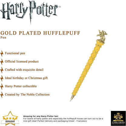 The Noble Collection Harry Potter Gold-Plated Hufflepuff Pen - 8in (21cm) Topped With Hufflepuff House Mascot Officially Licensed Harry Potter Movie Stationery Gifts