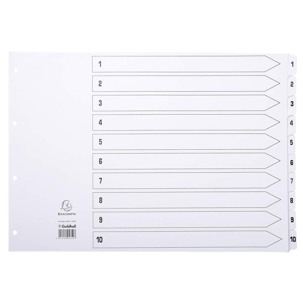 Exacompta - Ref MWD1-10A3Z - Mylar Printed Indices - For Use WithA3 Documents, Pre-Punched, 160gsm White Card with Reinforced Plastic Tabs, FSC-Certified - 10-Part Dividers (1-10