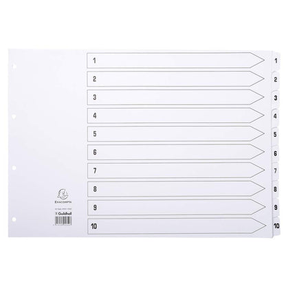 Exacompta - Ref MWD1-10A3Z - Mylar Printed Indices - For Use WithA3 Documents, Pre-Punched, 160gsm White Card with Reinforced Plastic Tabs, FSC-Certified - 10-Part Dividers (1-10