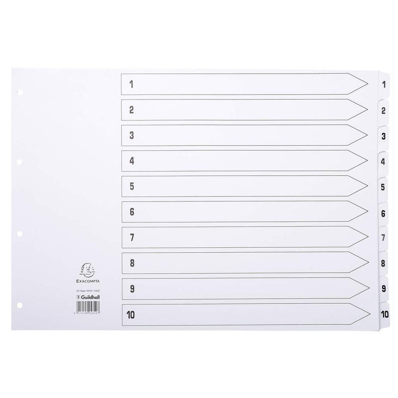 Exacompta - Ref MWD1-10A3Z - Mylar Printed Indices - For Use WithA3 Documents, Pre-Punched, 160gsm White Card with Reinforced Plastic Tabs, FSC-Certified - 10-Part Dividers (1-10