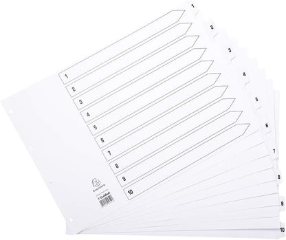 Exacompta - Ref MWD1-10A3Z - Mylar Printed Indices - For Use WithA3 Documents, Pre-Punched, 160gsm White Card with Reinforced Plastic Tabs, FSC-Certified - 10-Part Dividers (1-10
