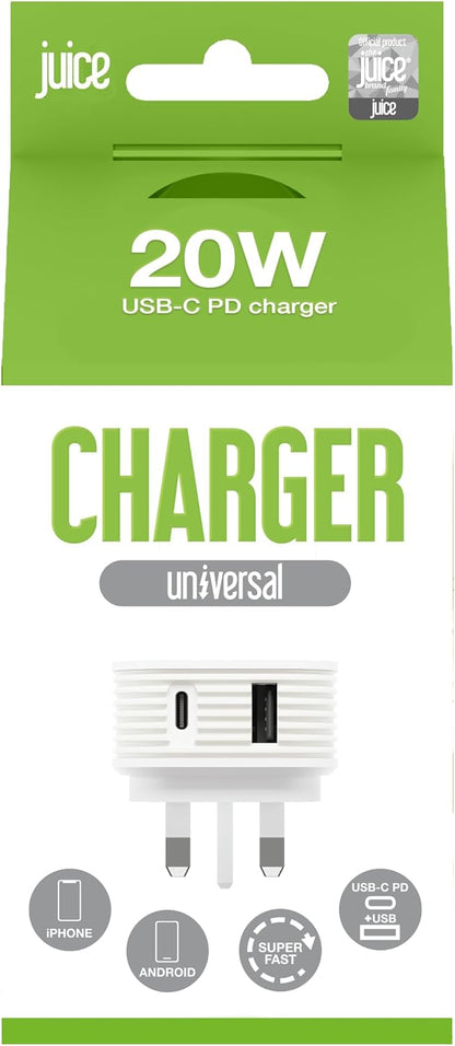Juice 20 Watt Plug To Super Charge Your iPhone, Samsung and many more, USB A and C Dual Port To Fast Charge Smartphones and Tablets,Power Delivery,Compact Design with Sure Grip Technology