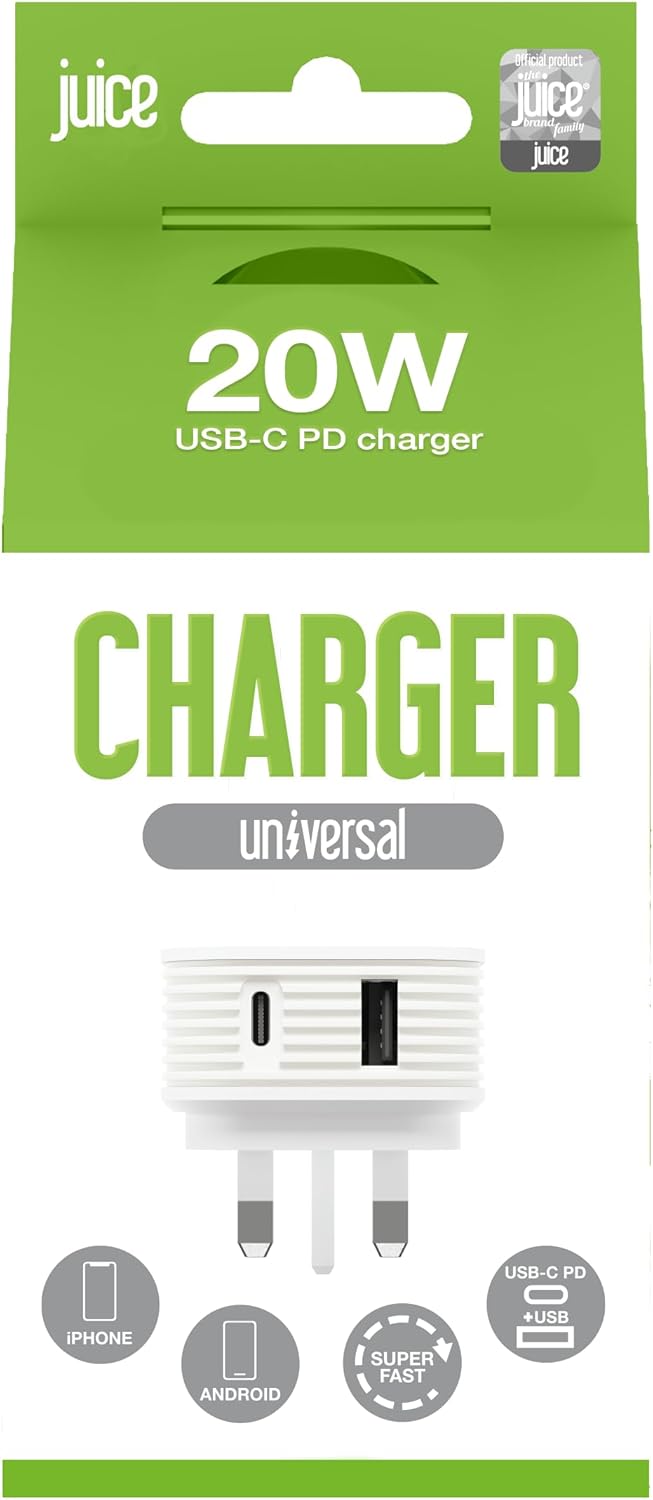 Juice 20 Watt Plug To Super Charge Your iPhone, Samsung and many more, USB A and C Dual Port To Fast Charge Smartphones and Tablets,Power Delivery,Compact Design with Sure Grip Technology