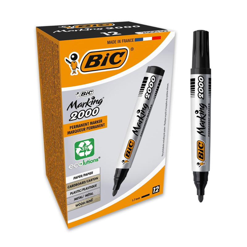 Bic Marking 2000 ECOlutions, Multi-Surface Black Permanent Markers, Ideal for School, Bullet Tip and Quick Drying Ink, Black Box x 12