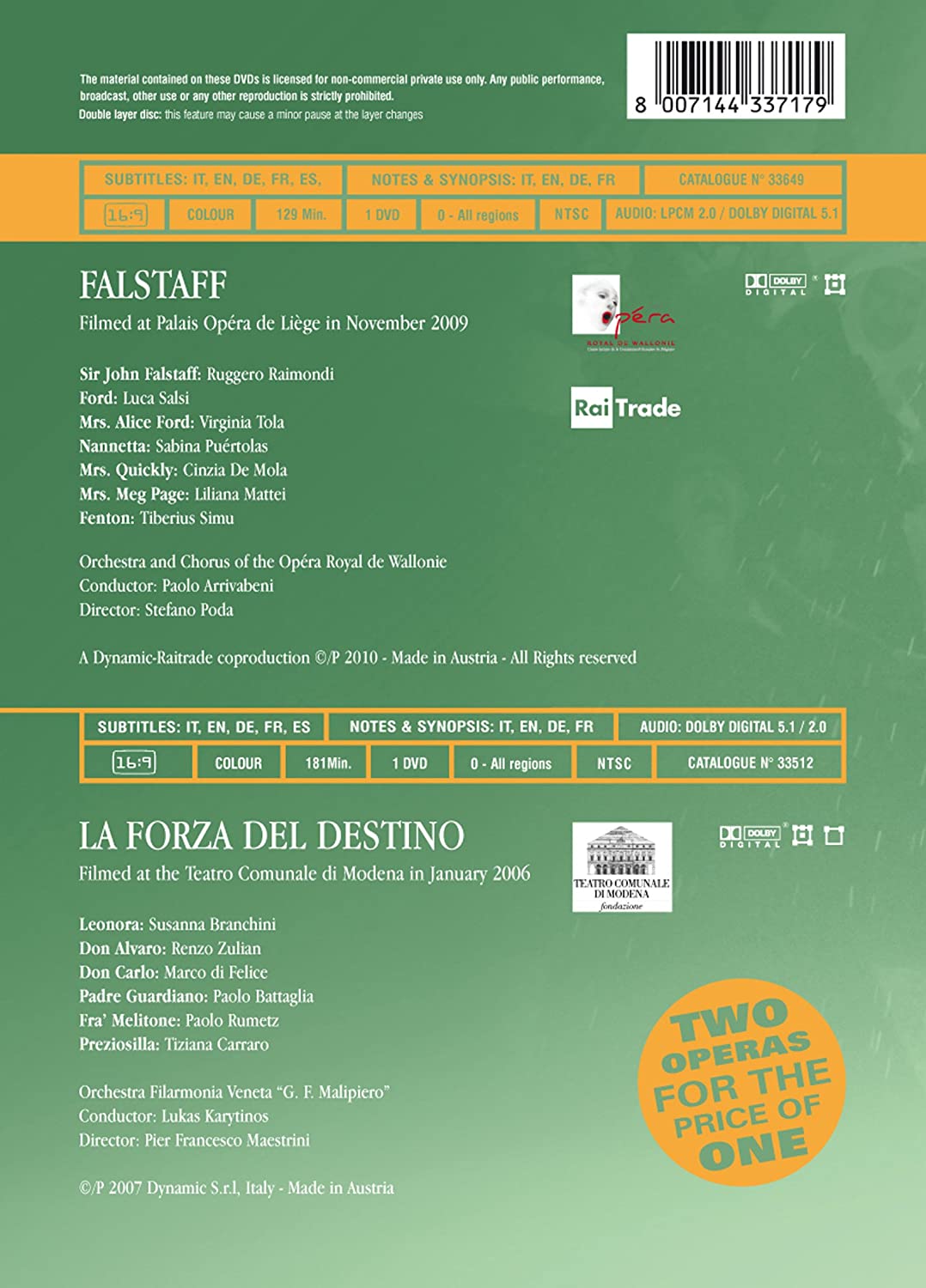 Verdi: Laforza Destino/ Falstaff (Dynamic: 33717)