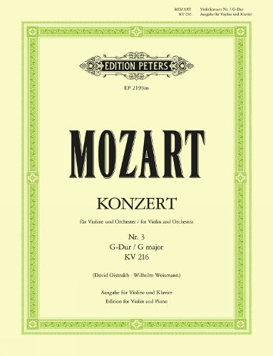 EDITION PETERS MOZART WOLFGANG AMADEUS - CONCERTO NO.3 IN G K216 - VIOLIN AND PIANO Classical sheets Violin