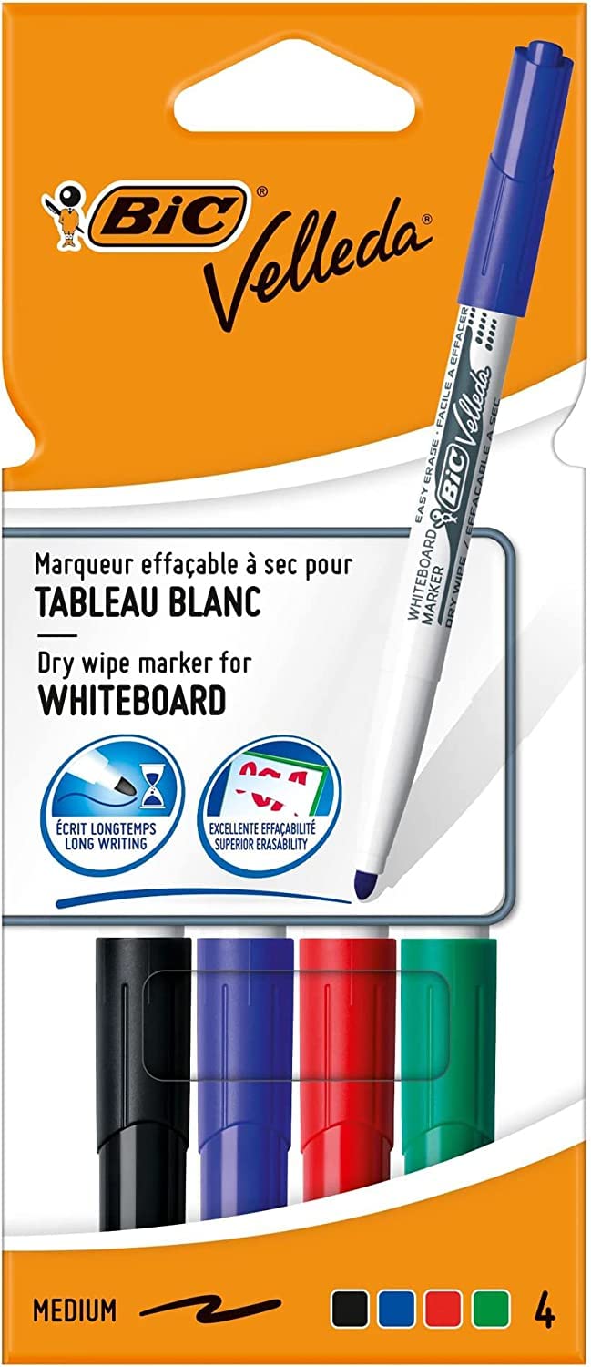 BIC Velleda 1741 - Rotuladores de pizarra blanca, punta media (4.5mm), caja de 4 unidades, colores surtidos