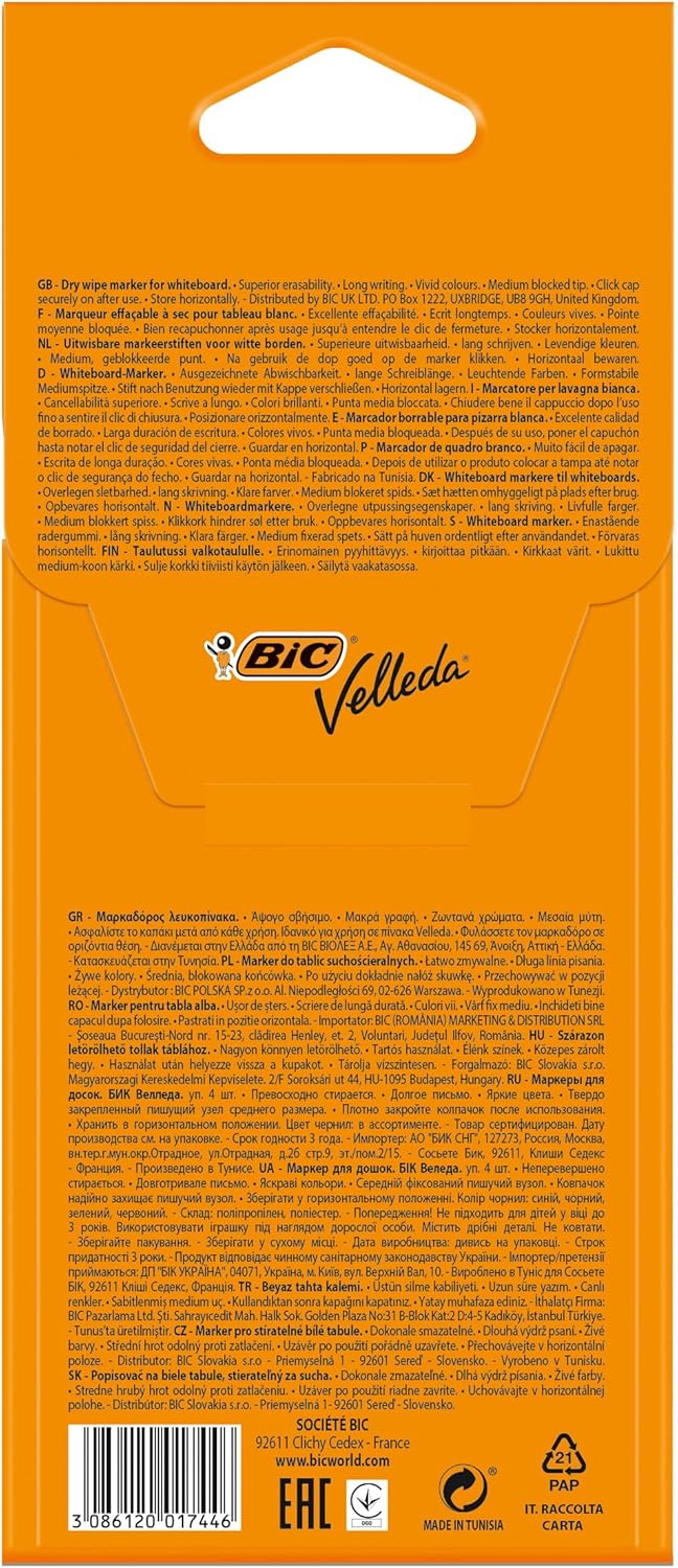 BIC Velleda 1741 - Rotuladores de pizarra blanca, punta media (4.5mm), caja de 4 unidades, colores surtidos
