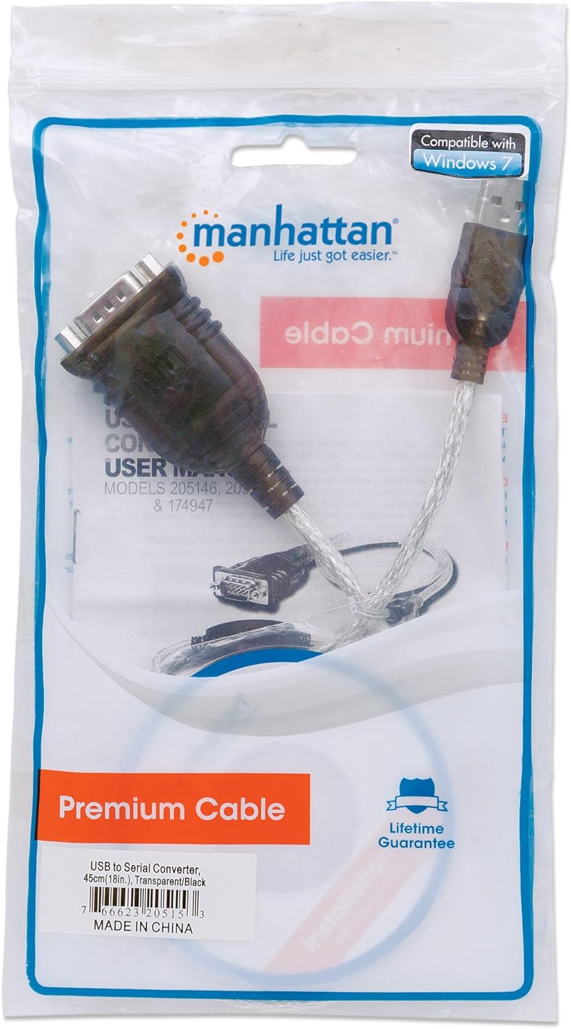 Manhattan USB-A to Serial Converter cable, 45cm, Male to Male, Serial/RS232/COM/DB9, Prolific PL-2303RA Chip, Black/Silver cable, Polybag