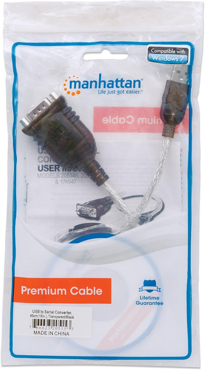 Manhattan USB-A to Serial Converter cable, 45cm, Male to Male, Serial/RS232/COM/DB9, Prolific PL-2303RA Chip, Black/Silver cable, Polybag
