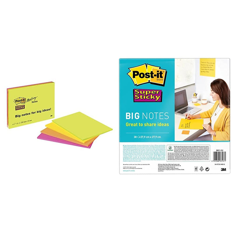 Post-it Super Sticky Meeting Notes, Pack of 4 Pads, 45 Sheets per Pad, 203 mm x 152 mm, Green, Pink, Yellow, Orange Colors - Large Extra Sticky Notes For Note Taking, To Do Lists & Reminders