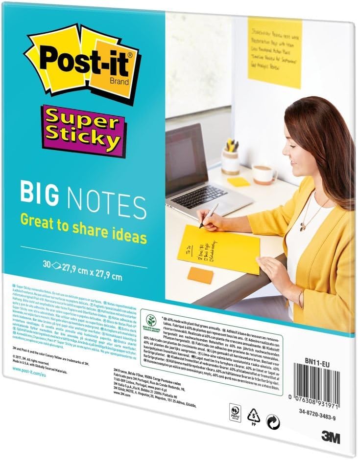 Post-it Super Sticky Meeting Notes, Pack of 4 Pads, 45 Sheets per Pad, 203 mm x 152 mm, Green, Pink, Yellow, Orange Colors - Large Extra Sticky Notes For Note Taking, To Do Lists & Reminders