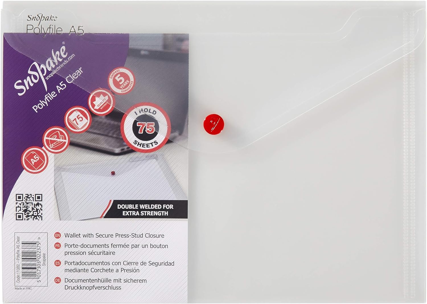 Snopake A5 Polyfile Popper Wallet with Press Stud Closure – Clear  Ref: 11382